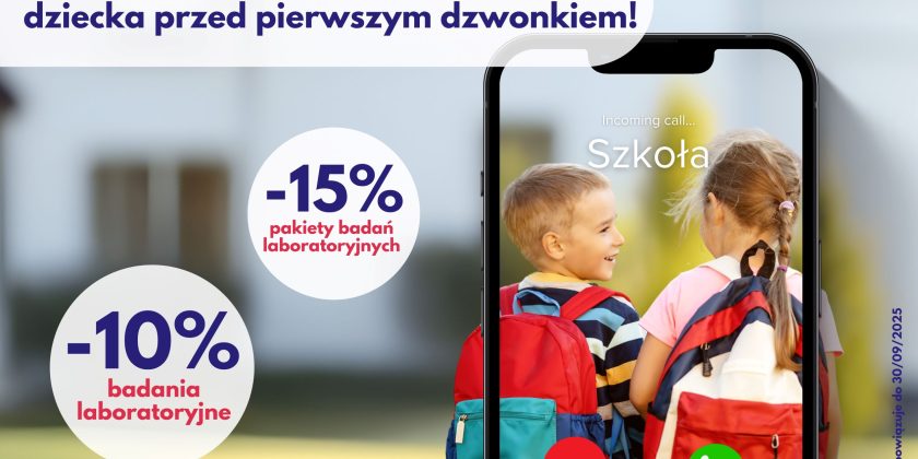 Mali uczniowie z plecakami – promocja na badania laboratoryjne we wrześniu w sklepie online neoMedica w Poznaniu.