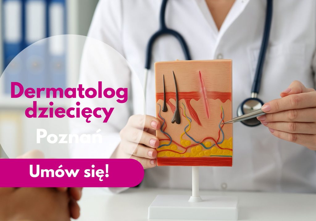 Dermatolog dziecięcy ze stetoskopem na szyi Centrum Medyczmego neoMedica w Poznaniu wskazuje na model przekroju skóry.