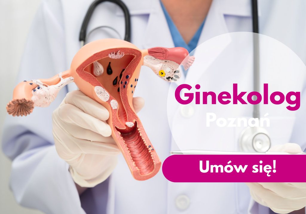 Ginekolog Centrum Medycznego neoMedica w Poznaniu w rękawiczkach lekarskich wskazujący na model macicy.