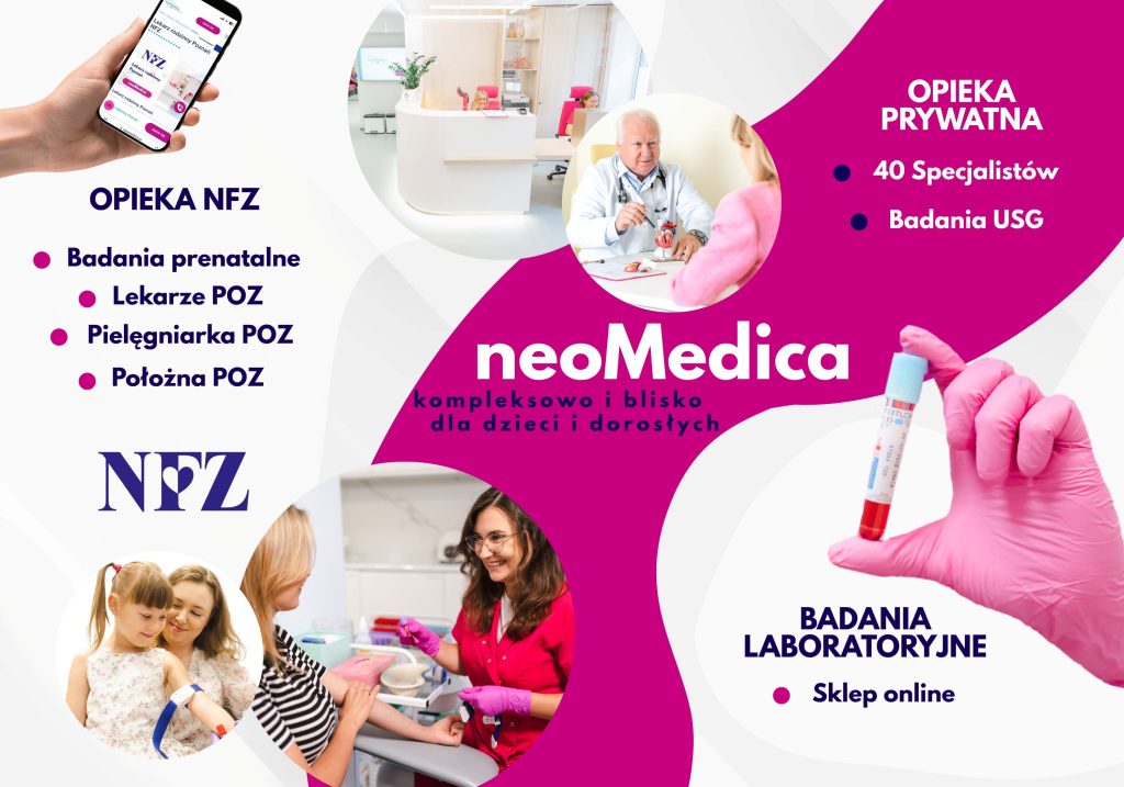 Kolaż z Centrum Medycznego neoMedica w Poznaniu: rejestracja, pielęgniarka pobierająca krew, dłoń w rękawiczkach lekarskich z fiolką krwi, dziecko podczas pobierania krwi i dłoń z telefonem.