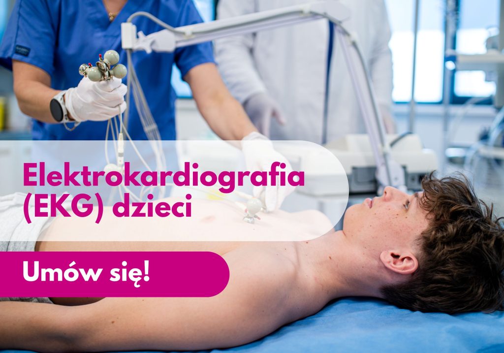 Leżący nastolatek oraz lekarz z pielęgniarką wykonujący badanie EKG – ilustracja dotycząca elektrokardiografii dzieci w Centrum Medycznym neoMedica w Poznaniu.