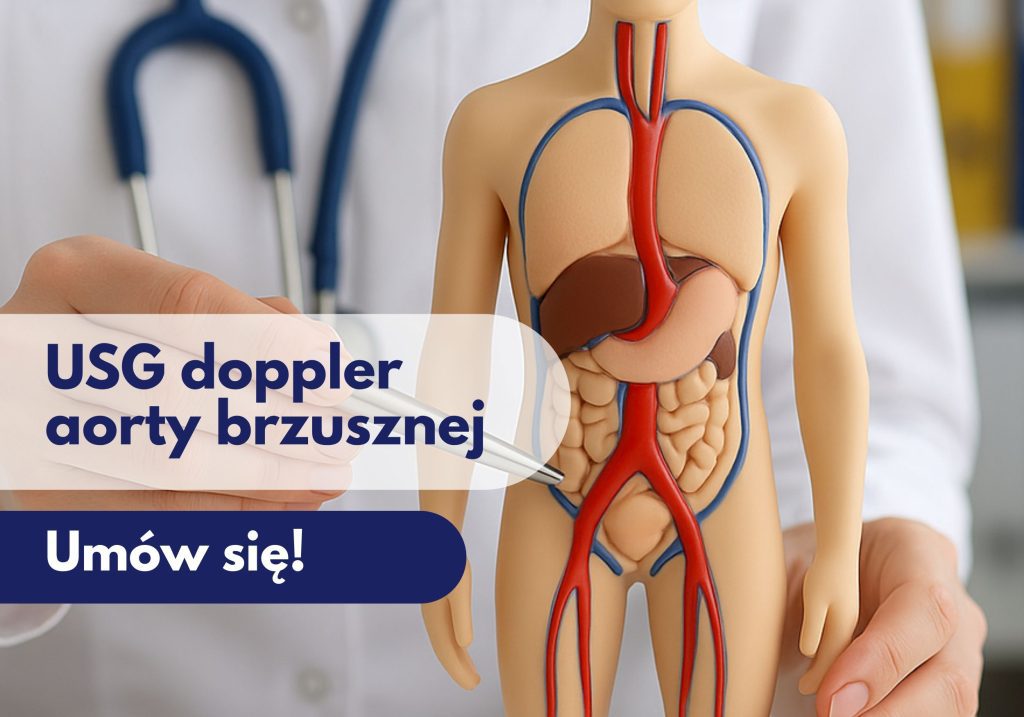 Lekarz z stetoskopem na szyi przykłada głowice USG do modelu aorty brzusznej w ciele człowieka podczas wizyty w Centrum Medycznym neoMedica w Poznaniu.