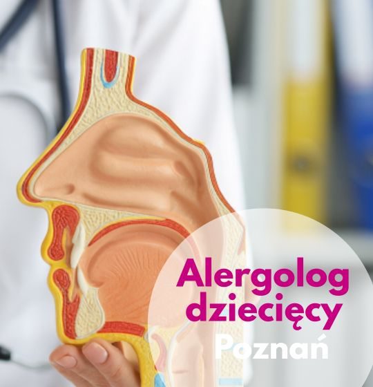 Lekarz ze stetoskopem na szyi podczas konsutacji alergologicznej dla dzieci w Centrum Medycznym neoMedica w Poznaniu wskazuje na model układu oddechowego człowieka.