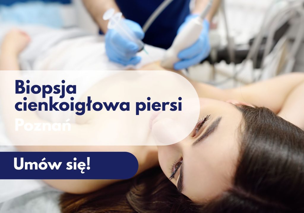 Leżąca kobieta, której lekarz w rękawiczkach lekarskich przykłada strzykawkę oraz głowicę USG – ilustracja dotycząca biopsji cienkoigłowej piersi w Centrum Medycznym neoMedica w Poznaniu.