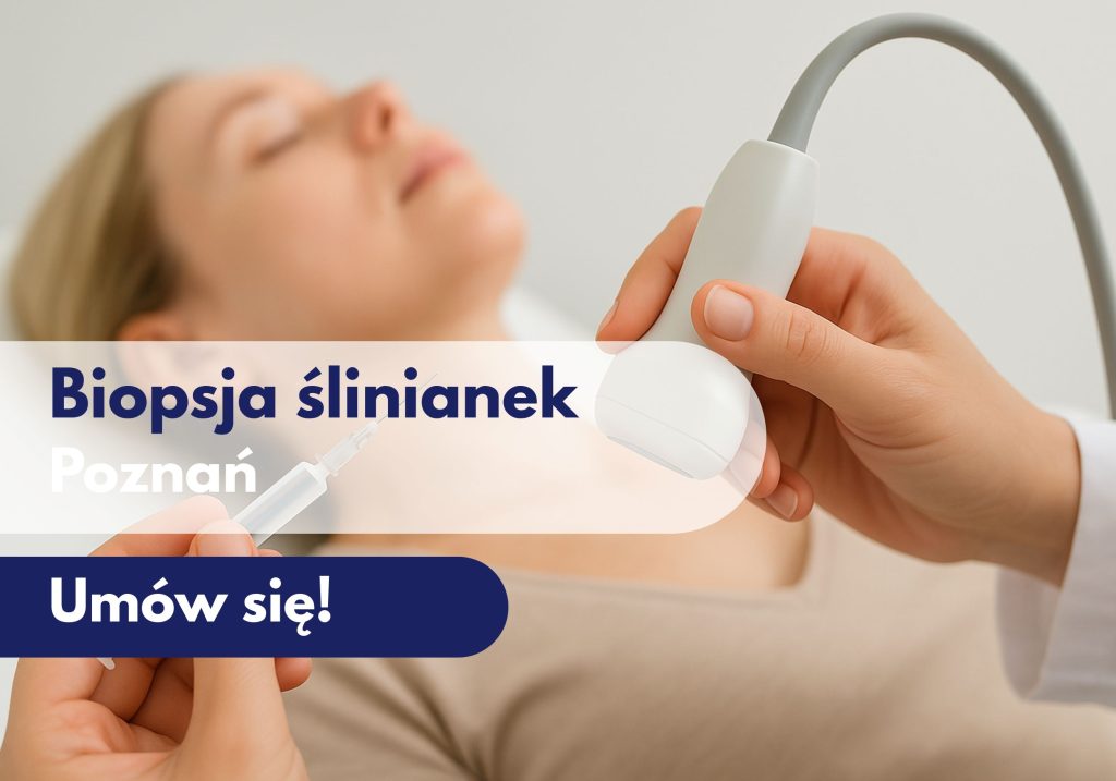 Lekarz trzymający skrzykawkę i głowicę USG, w tle zamazana leżąca kobieta - ilustracja dotyczy biopsji ślinianek w Centrum Medycznym neoMedica w Poznaniu.