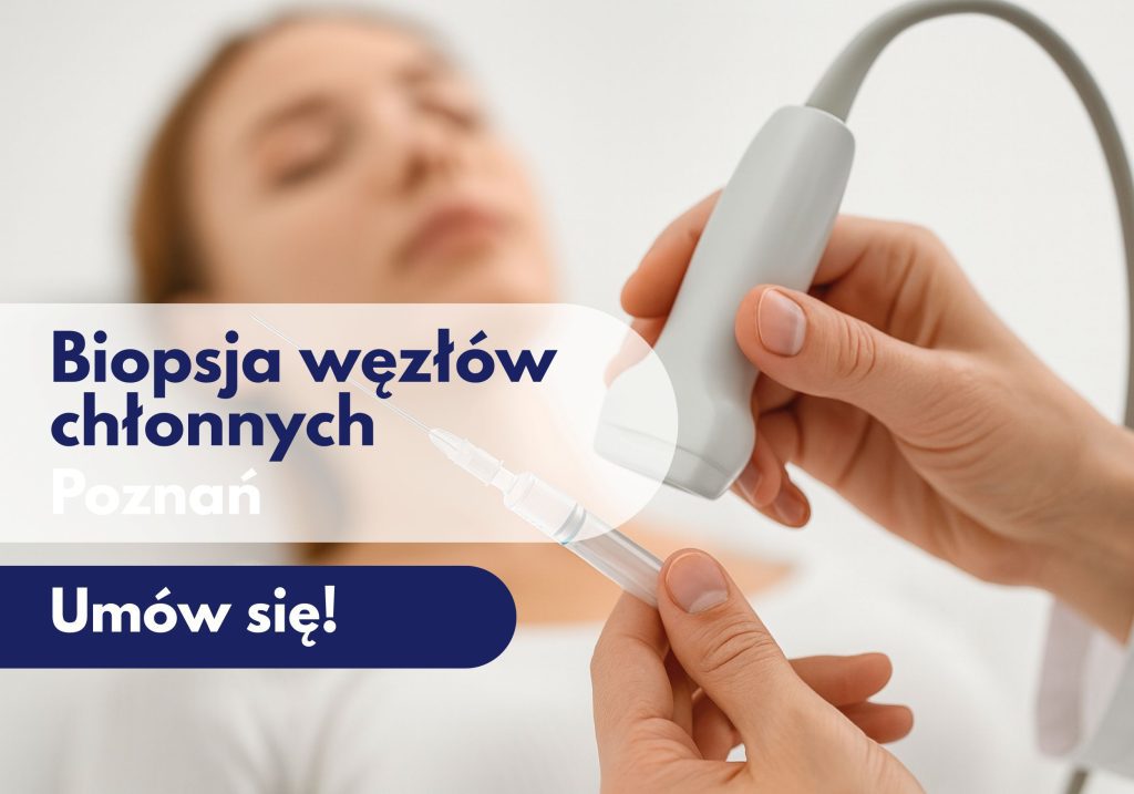 Lekarz trzymający strzykawkę i głowicę USG, a wtle leżąca kobieta - ilustracja dotycząca biopsji węzłów chłonnych w Centrum Medycznym neoMedica w Poznaniu.