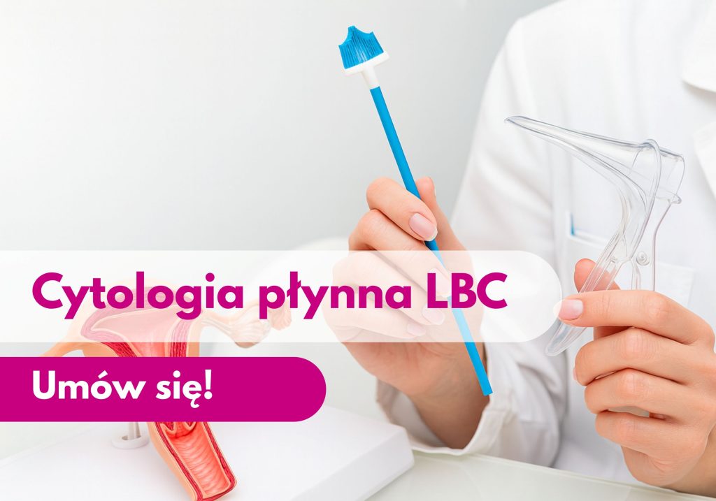 Lekarz ginekolog trzymający wziernik i szczoteczkę do cytologii, obok model narządu macicy - ilustracja dotycząca cytologii płynnej LBC w Centrum Medycznym neoMedica w Poznaniu.