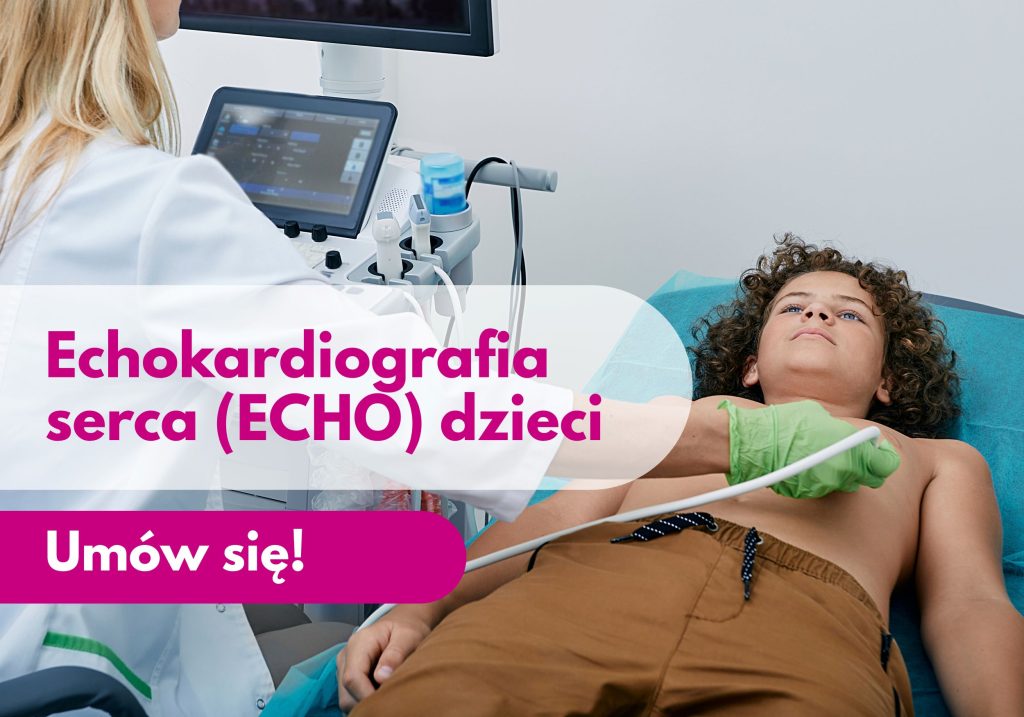 Leżący chłopiec z odsłoniętą klatką piersiową, a lekarz w rękawiczkach przykłada głowicę USG – ilustracja dotycząca badania echo serca dzieci w Centrum Medycznym neoMedica w Poznaniu.