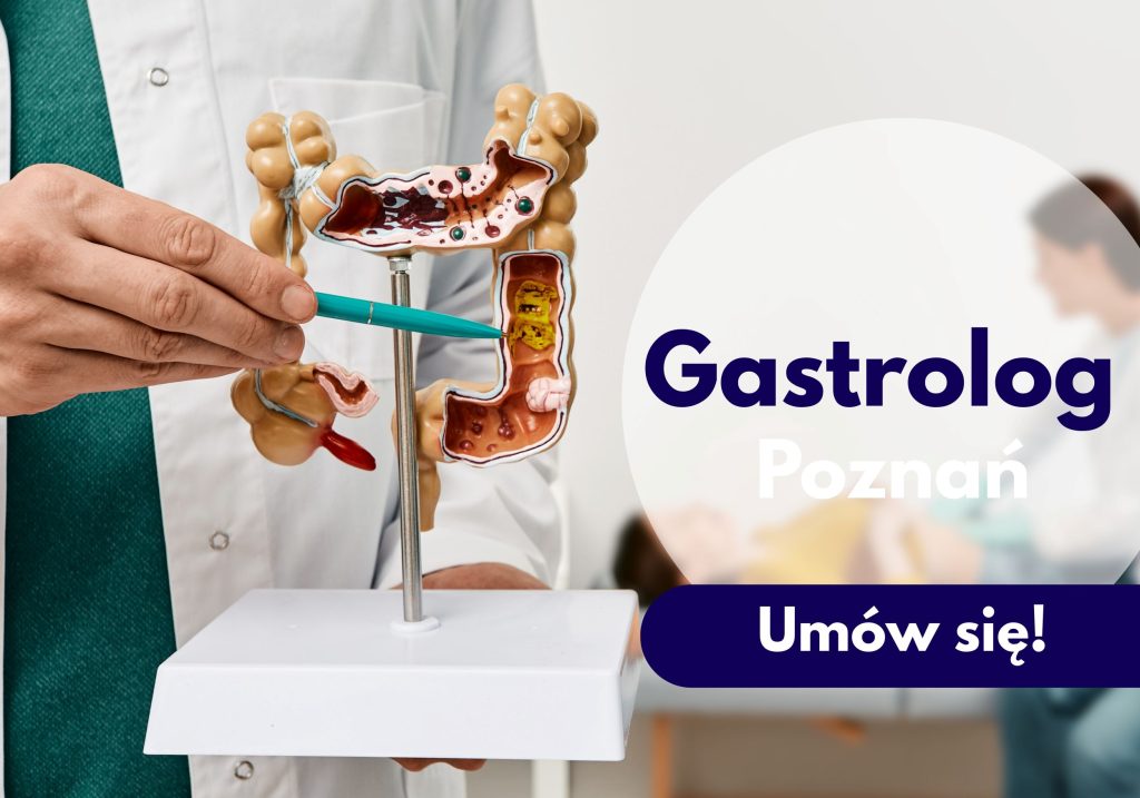 Gastrolog Centrum Medycznego neoMedica w Poznaniu wskazuje na model jelit, a w tle jest zamazana sylwetka leżacej kobiety.