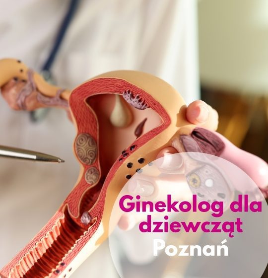 Ginekolog dla dziewcząt w Centrum Medycznym neoMedica w Poznaniu wskazuje na model macicy.