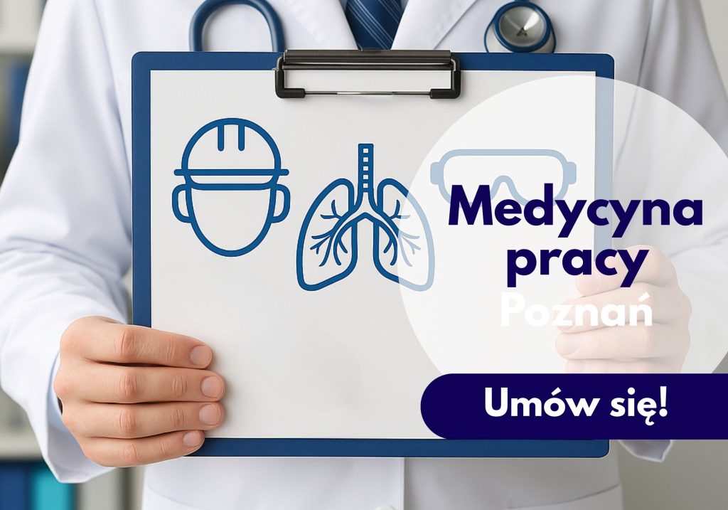 Lekarz medycyny pracy ze stetoskopem na szyi trzyma teczkę z ilustracjami dotyczącymi pracownika – ilustracja dotycząca wizyty u lekarza medycyny pracy w Centrum Medycznym neoMedica w Poznaniu.