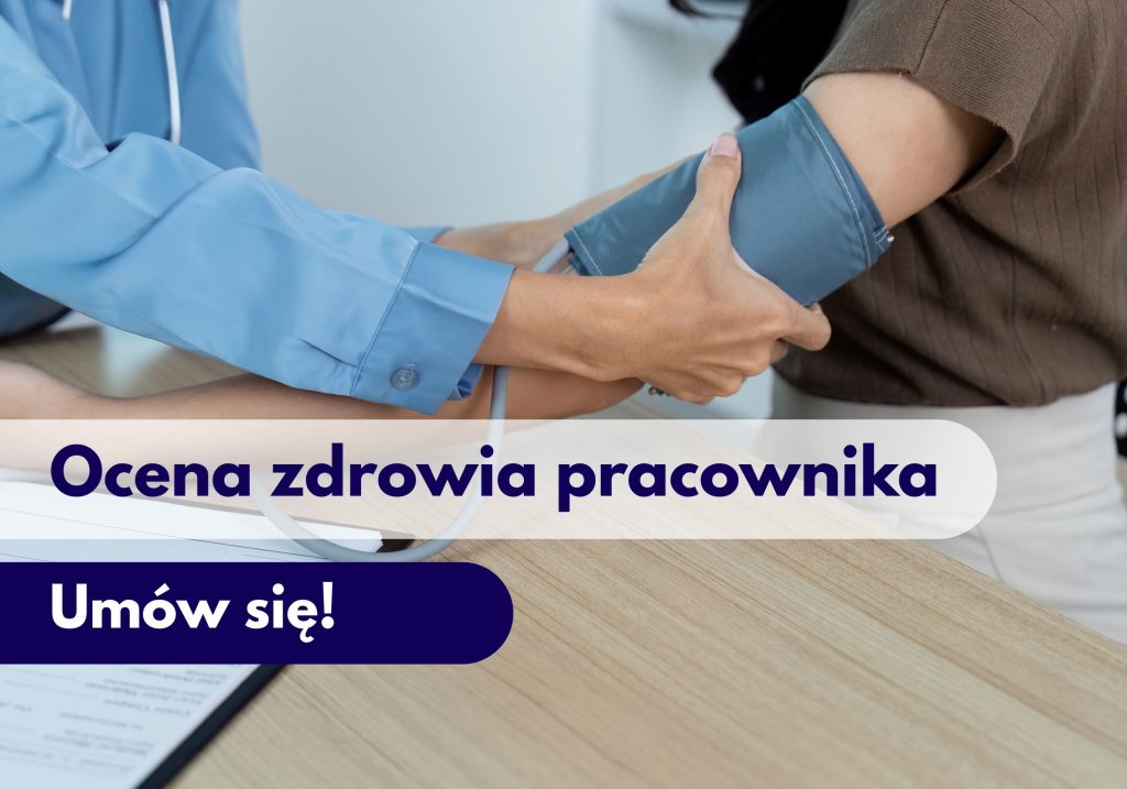 Pacjentka na wizycie lekarskiej, podczas której lekarz mierzy ciśnienie ciśnieniomierzem – ilustracja dotycząca oceny zdrowia pracownika w Centrum Medycznym neoMedica w Poznaniu.