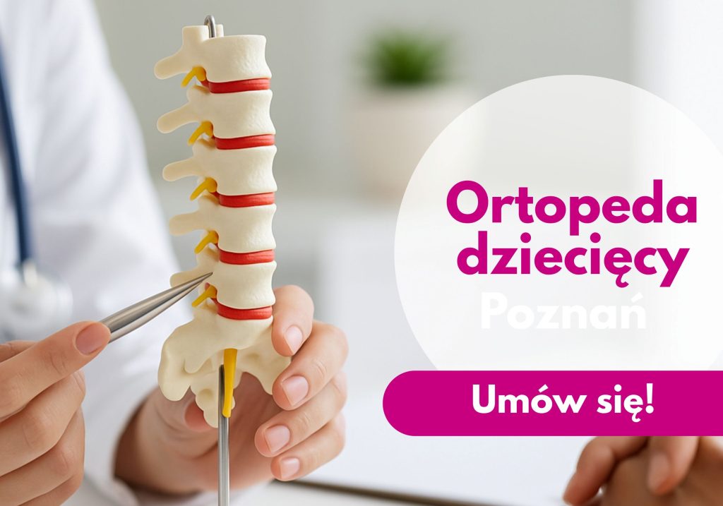 Ortopeda dziecięcy Centrum Medycznego neoMedica w Poznaniu wskazuje na moel kręgosłupa.