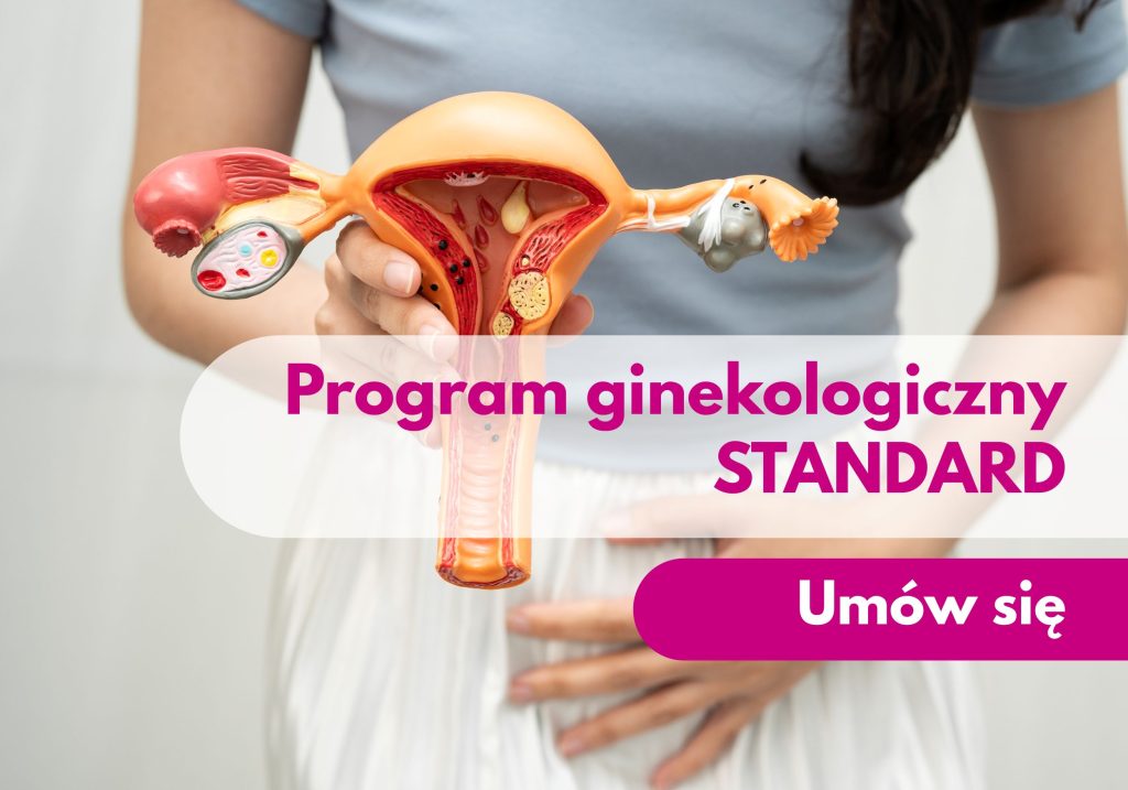 Kobieta trzymająca model narządu macicy i podtrzymująca się za brzuch – ilustracja dotycząca profilaktyki ginekologicznej w Centrum Medycznym neoMedica w Poznaniu.