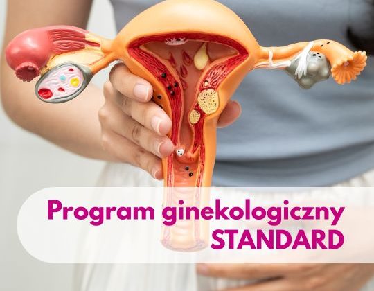 Kobieta trzymająca model narządu macicy i podtrzymująca się za brzuch – ilustracja dotycząca profilaktyki ginekologicznej w Centrum Medycznym neoMedica w Poznaniu.