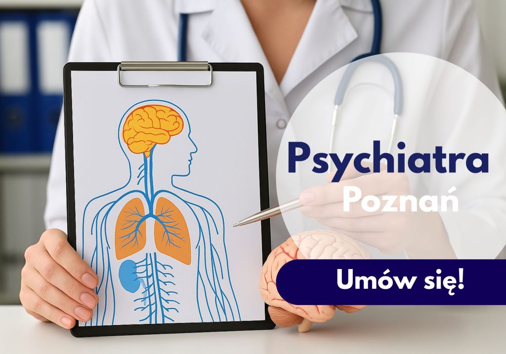 Psychiatra ze stetoskopem na szyi wskazuje na teczkę z obrazem układu nerwowego człowieka, obok znajduje się model mózgu – ilustracja dotycząca wizyty u psychiatry w Centrum Medycznym neoMedica w Poznaniu.