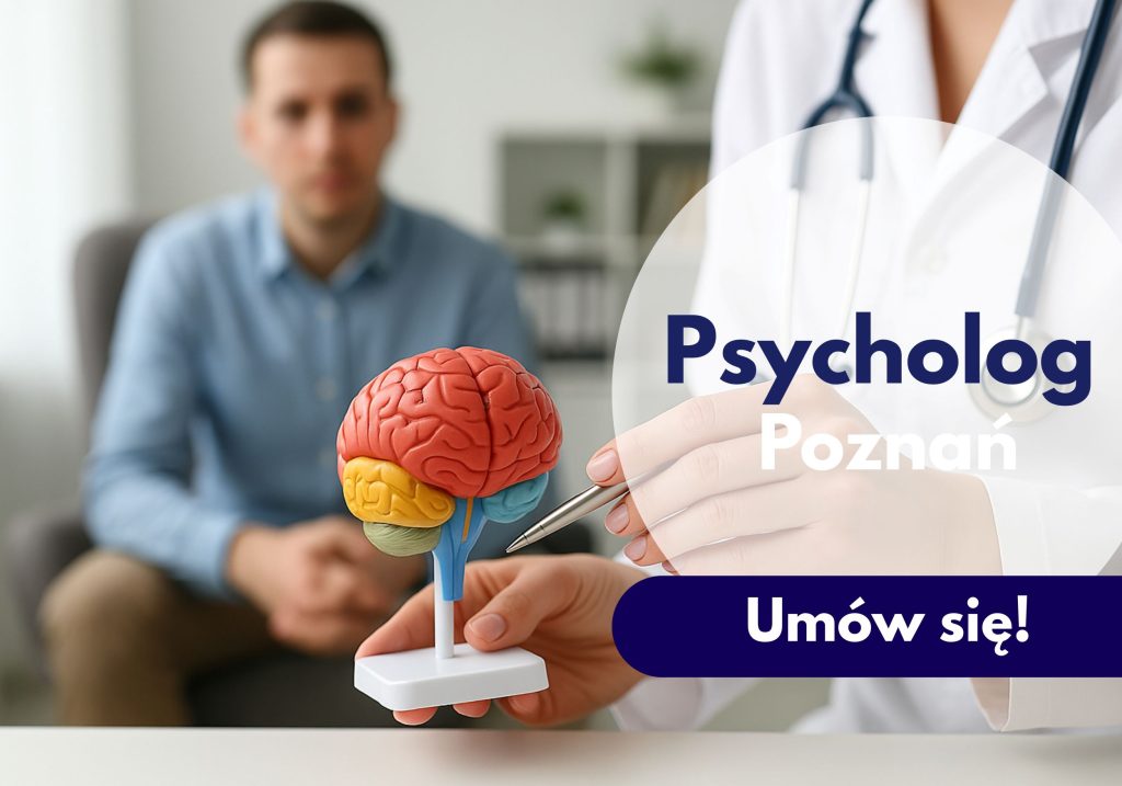 Lekarz ze stetoskopem na szyi wskazujący na model mózgu, a w tle Pacjent poczas wizyty u psychologa w Centrum Medycznym neoMedica w Poznaniu.