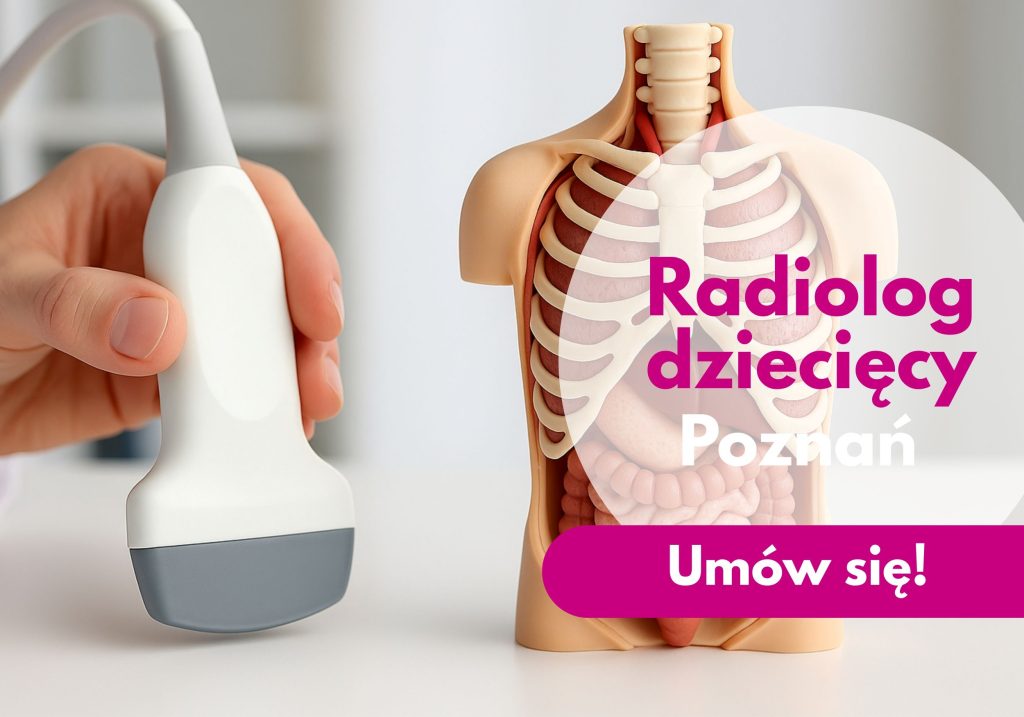 Radiolog dziecięcy trzymający głowicę USG, obok model ciała człowieka – ilustracja dotycząca wizyty u radiologa dziecięcego w Centrum Medycznym neoMedica w Poznaniu.