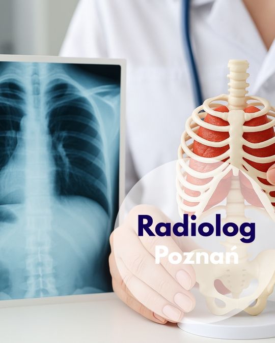 Lekarz ze stetoskopem na szyi wskazuje na figurkę szkieletu klatki piersiowej i miednicy, obok znajduje się zdjęcie rentgenowskie – ilustracja dotycząca konsultacji radiologa w Centrum Medycznym neoMedica w Poznaniu.