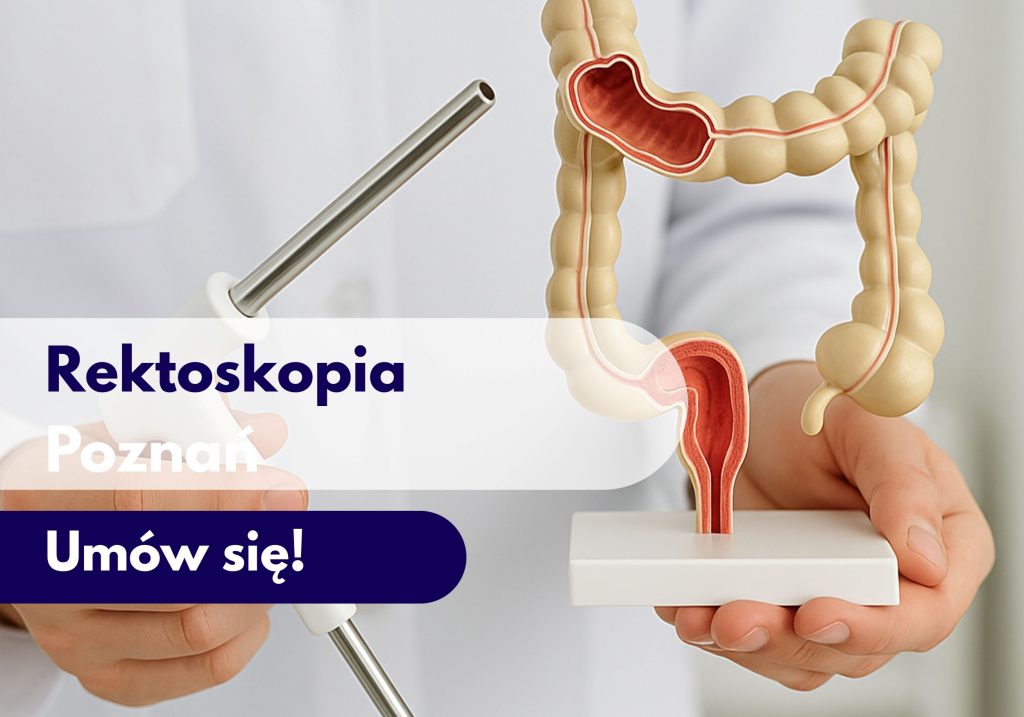 Lekarz trzymający model narządu jelita i narzędzie do wykonania rektoskopii - ilustracja dotycząca rektoskopii w Centrum Medycznym neoMedica w Poznaniu.
