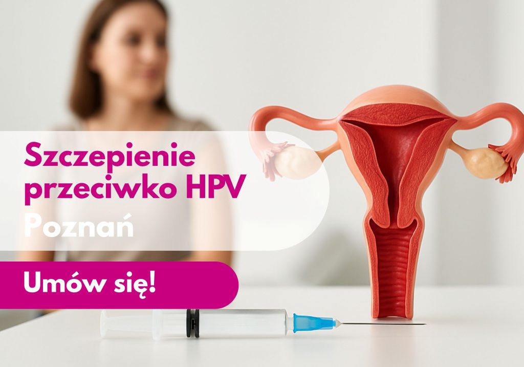 Model narządu macicy i strzykawka, w tle zamazana sylwetka kobiety - ilustracja dotycząca szczepienia przeciwko HPV w Centrum Medycznym neoMedica w Poznaniu.