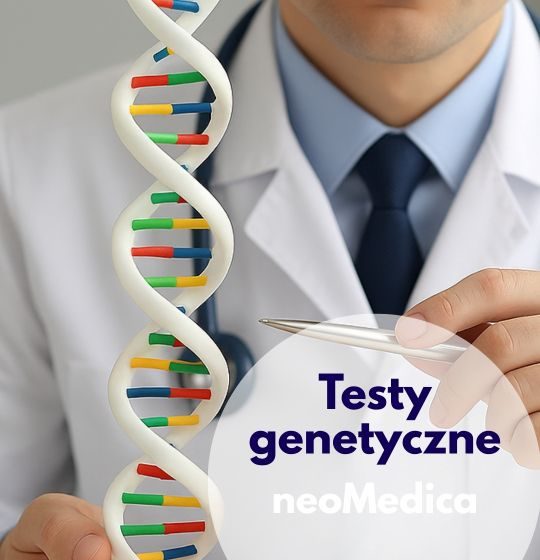Lekarz ze stetoskopem na szyi wskazuje na model DNA– ilustracja dotycząca testów genetycznych w Centrum Medycznym neoMedica w Poznaniu.