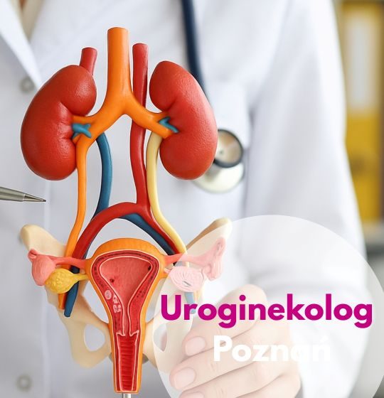 Uroginekolog ze stetoskopem na szyiu wskazuje na model układu moczowego i płciowego kobiety podczas konsultacji w Centrum Medycznym neoMedica w Poznaniu.