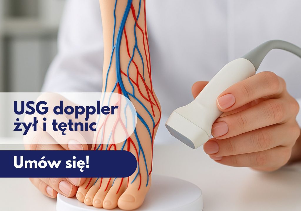 Lekarz przykłada głowicę USG do modelu stopy z zaznaczonym przebiegiem żył podczas wizyty w Centrum Medycznym neoMedica w Poznaniu – ilustracja dotycząca USG Doppler żył i tętnic.