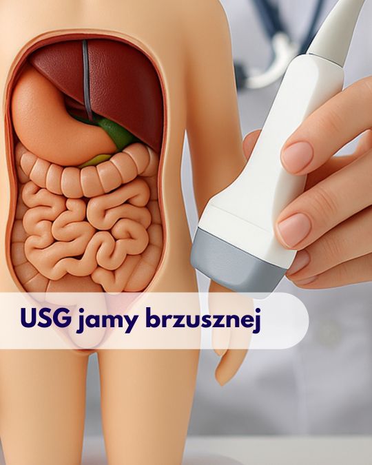 Głowica USG przykładana przez lekarza do modelu przedstawiającego jame brzuszną podczas wizyty w Centrum Medycznym neoMedica w Poznaniu.