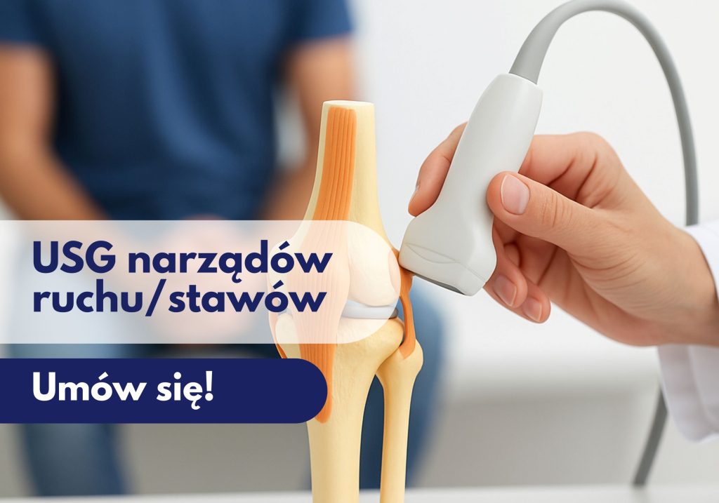 Głowica USG przykładana przez lekarza do modelu przedstawiającego staw, w tle zamazana sylwetka męzczyznypodczas wizyty w Centrum Medycznym neoMedica w Poznaniu.