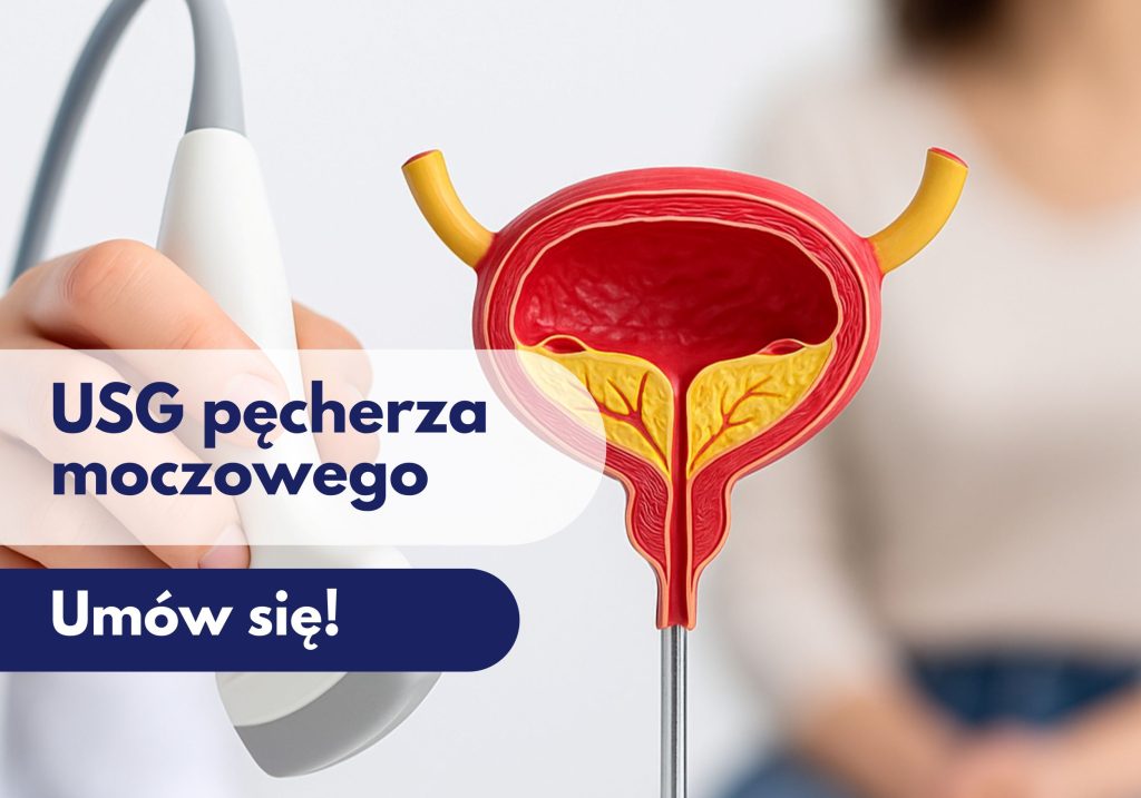 Głowica USG przykładana przez lekarza do modelu przedstawiającego pęcherz moczowy, w tle zamazana sylwetka kobiety podczas wizyty w Centrum Medycznym neoMedica w Poznaniu.