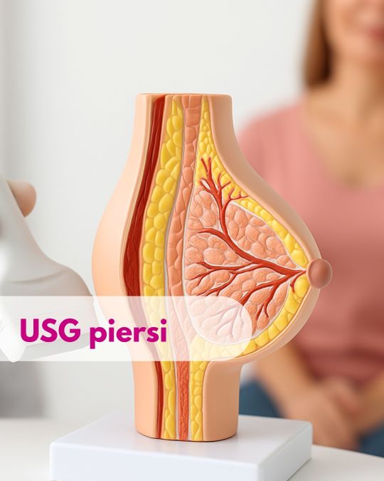 Głowica USG przykładana przez lekarza do modelu przedstawiającego piersi, w tle zamazana sylwetka kobiety podczas wizyty w Centrum Medycznym neoMedica w Poznaniu.