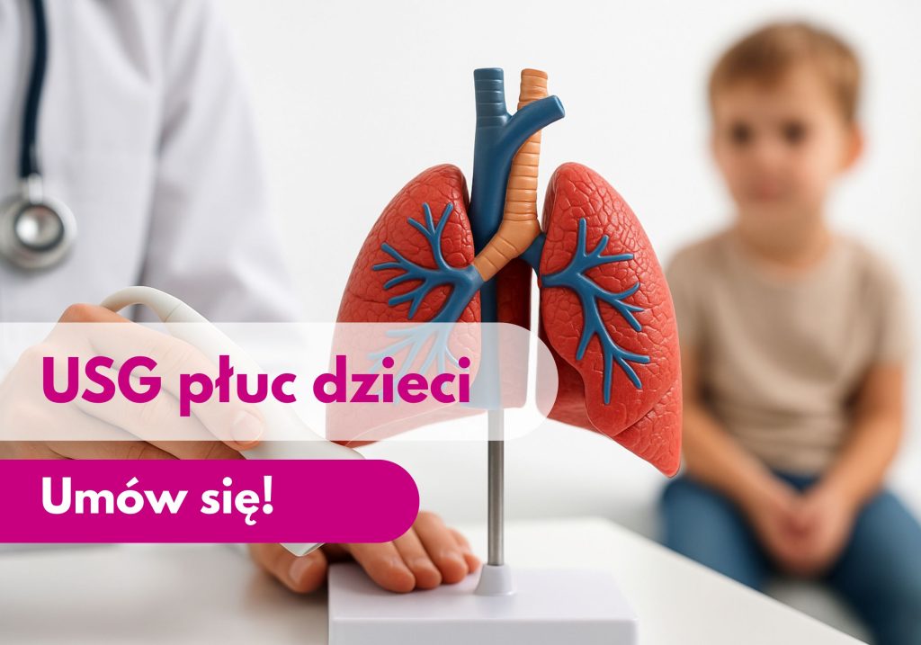 Głowica USG przykładana do modelu narządu płuc, w tle zamazane dziecko podczas wizyty w Centrum Medycznym neoMedica w Poznaniu.