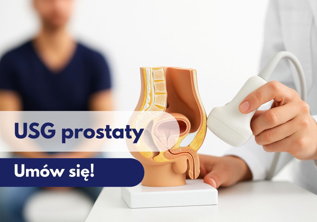 Głowica USG przykładana przez lekarza do modelu przedstawiającego prostatę, w tle zamazana sylwetka mężczyzny podczas wizyty w Centrum Medycznym neoMedica w Poznaniu.