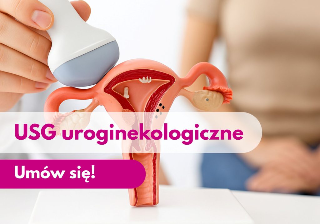 Głowica USG przykładana przez lekarza do modelu przedstawiającego macicę, w tle zamazana sylwetka kobiety podczas wizyty w Centrum Medycznym neoMedica w Poznaniu.