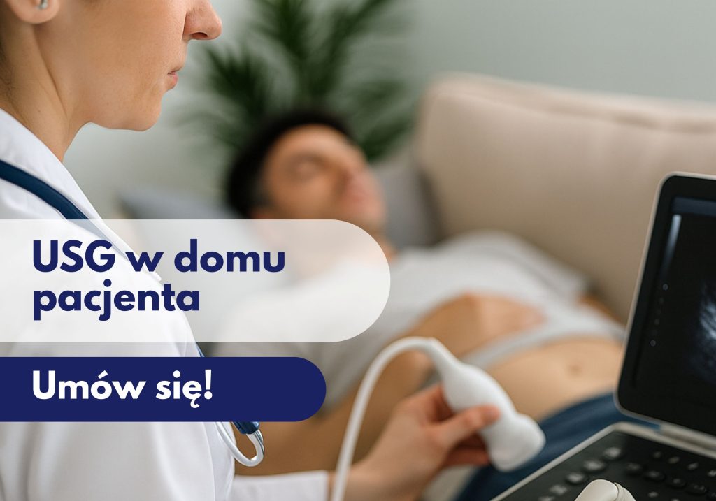Lekarz z przenośnym aparatem USG, a w tle leżący mężczyzna – ilustracja dotycząca badania USG w domu pacjenta, oferowanego przez Centrum Medyczne neoMedica w Poznaniu.