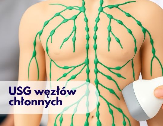 Głowica USG przykładana do figurki klatki piersiowej człowieka z zaznaczonym układem węzłów chłonnych, w tle zamazana sylwetka mężczyzny – ilustracja dotycząca badania USG węzłów chłonnych w Centrum Medycznym neoMedica w Poznaniu.