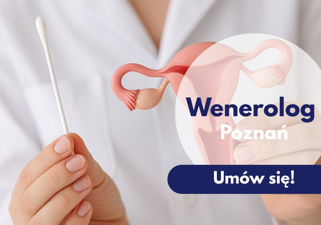 Lekarz trzymający model macicy i patyczek higieniczny - ilustracja dotycząca wizyty u wenerologa w Centrum Medycznym neoMedica w Poznaniu.