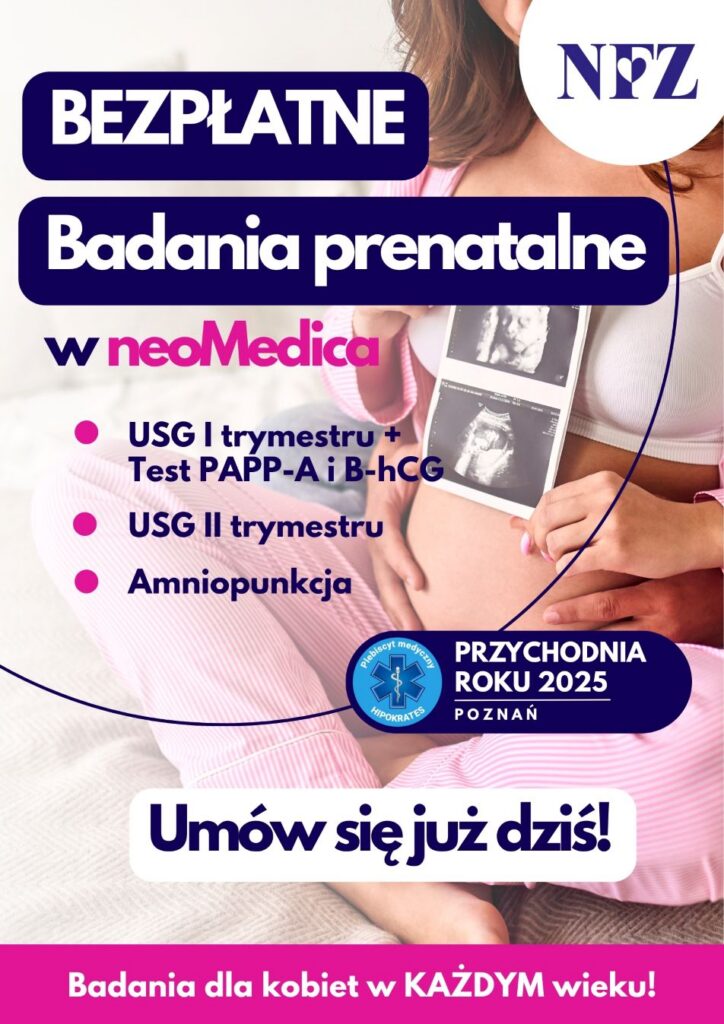 Kobieta w ciąży trzymająca zdjęcie USG dziecka, obejmowana przez partnera – ilustracja związana z opieką prenatalną w Centrum Medycznym neoMedica w Poznaniu.