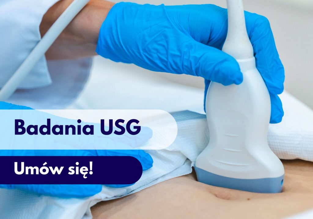 Lekarz z Centrum Medycznego neoMedica w Poznaniu przykłada głowicę USG do brzucha pacjentki, mając na dłoniach rękawiczki lekarskie.