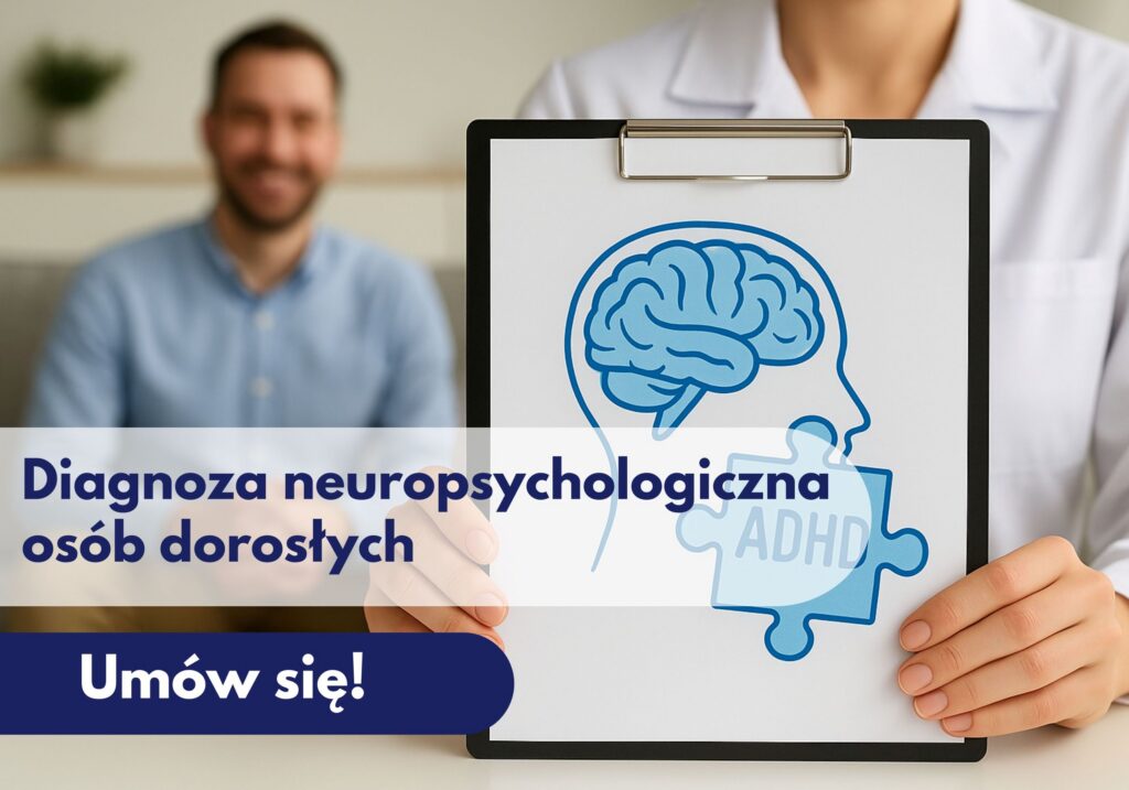 Lekarz psycholog z Centrum Medycznego neoMedica w Poznaniu trzyma teczkę z ilustracją człowieka, a w tle widoczny jest uśmiechnięty mężczyzna.