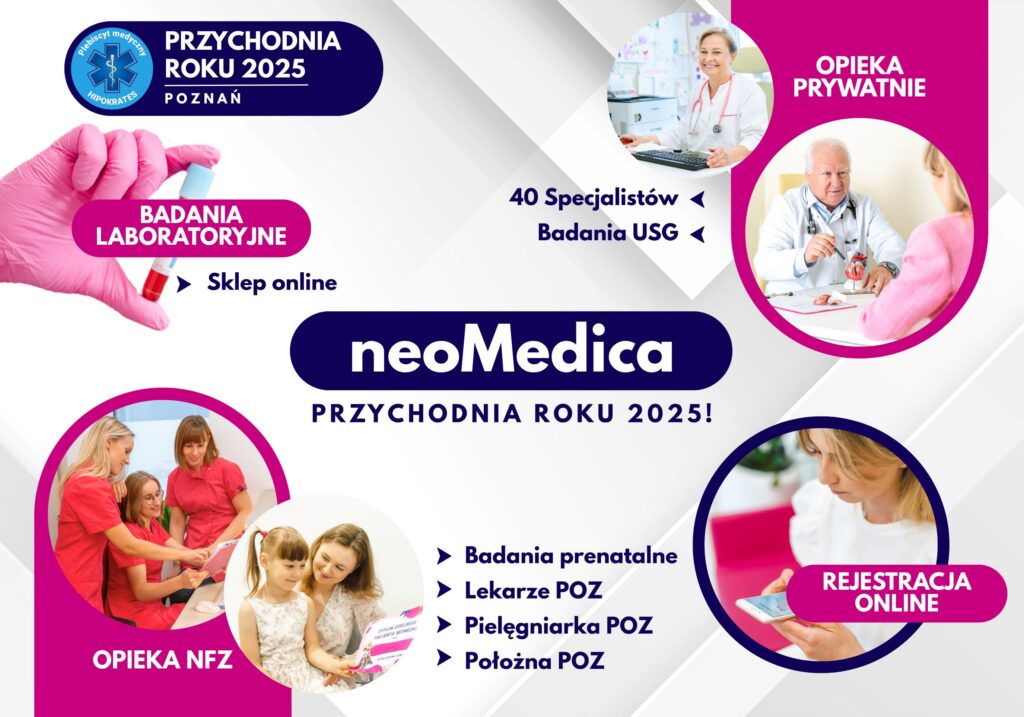 Kolaż zdjęć dotyczący usług Centrum Medycznego neoMedica w Poznaniu pediatry w gabinecie, kardiologa poczas konsultacji, rejestratorek medycznych, mamy z dzieckiem na badaniacg, kobiety poczas rejetaracji online i probówka krwi w ręce w rękawiczce lekarskiej.