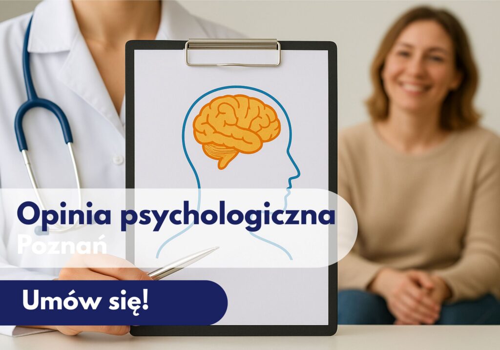 Lekarz psycholog Centrum Medycznego neoMedica w Poznaniu trzymający teczkę z ilustracja głowy człowieka, a w tle zamazana uśmiechnięta kobieta.